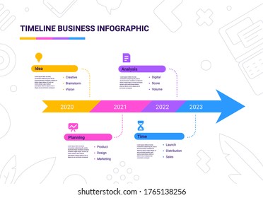 Vector business illustration of arrow timeline infographics template with business icon on white background with text. Flat line art style infographic design of graphic element for web, site, banner