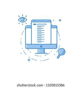 Vector business illustration of blue colors desktop computer, web site, eye, magnifier search in filed line style. Graphic design outline concept of seo search results. Use in Web Project and app.