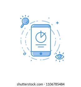 Vector business illustration of blue colors mobile smart phone analytics, eye, magnifier search in filed line style. Graphic design concept of mobile seo. Use in Web Project and app. Outline object