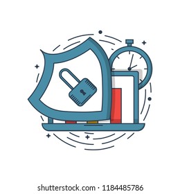 Vector business illustration of blue colors notebook protection shield and lock icon in linear style. Graphic design concept of web security guard. Outline object