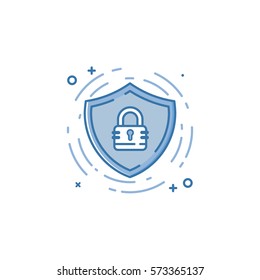 Ilustración empresarial vectorial de protección de colores azules e icono de bloqueo en estilo lineal. Concepto de diseño gráfico de guardia de seguridad web. Objeto de esquema. Uso en aplicaciones de proyectos y móviles.