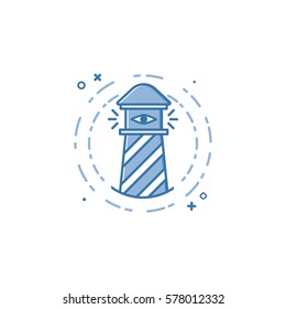 Vector business illustration of blue colors lighthouse with eye icon in line style. Graphic design of vision or navigational and travel concepts. Use in Web Project and Applications. Outline object.