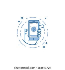 Vector business illustration of blue colors hand and mobile phone icon in line style. Graphic design concept of mobile payments app on the screen. Use in Web Project and Applications. Outline object