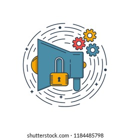 Vector business illustration of blue megaphone icon and lock icon in linear style. Graphic design concept of digital Marketing. Outline object. Use in Web Project and Applications. Stock line object
