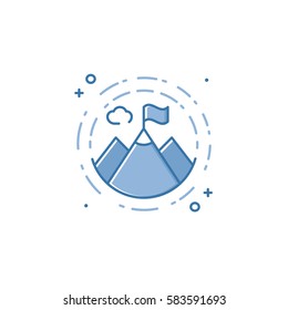 Vector business illustration of blue mountains icon in linear style. Graphic design concept of leadership, achievement success, mission symbol. Outline object. Use in Web Project and Applications.