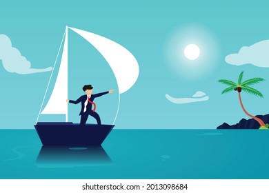 Vector business illustration with businessman sailing on a boat through the sea towards the city in a blue cloudy sky.