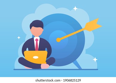 Vector business illustration. A businessman in a suit sits at a laptop in a lotus position and works on a new project. A target with an arrow. Freelance, Career and Competition. Business success.