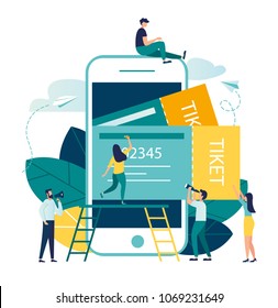 vector business illustration buying tickets online through your smartphone. schedule design tickets are printed from the phone vector