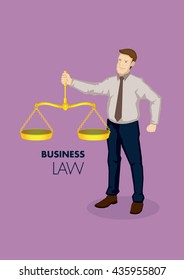 Vector business illustration of cartoon business professional character holding vintage golden balancing weighing scale, metaphor for business law.