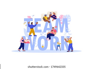 Vector business illustration, characters freelancers, designers and programmers work in a team, building a business project. People in cartoon style. Big word teamwork