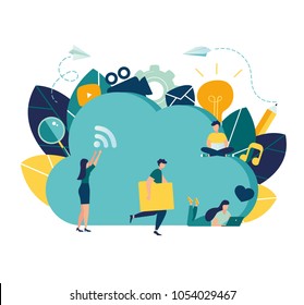 Vector business illustration, cloud data storage, online store on the network on the server, flat stylish graphics little people work with the cloud Vector business illustration, cloud data storage, online store on the network on the server, flat stylish graphics little people work with the cloud