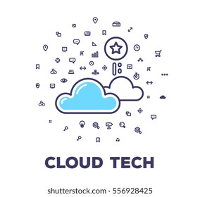 Vector business illustration of cloud technology on white background with icon cloud. Innovation creative linear concept. Flat line art style design for web, site, banner, poster, board