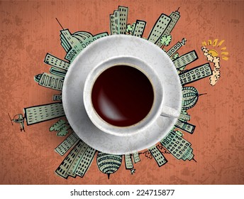 Vector business illustration - coffee cup with doodles about big sity life