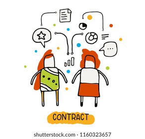 Vector business illustration of communicating woman and icon. Creative conclude a contract concept. Flat line art doodle style design for web, site, banner, poster, presentation