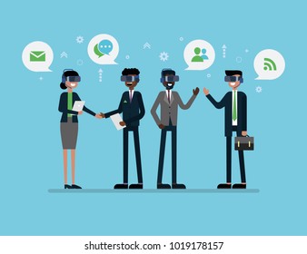 vector business illustration. communication of modern people with the help of innovative technologies, people of different nationalities conduct business negotiations. modern networking. 