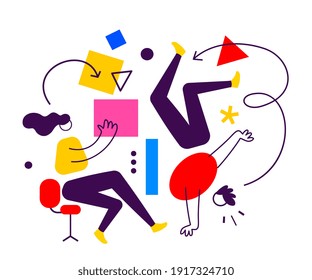 Vector Business Illustration Of Communication People And Abstract Shapes, Flat Line Art Style Of Team Work