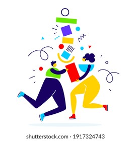 Vector business illustration of communication people and abstract shapes, bright flat style of team work