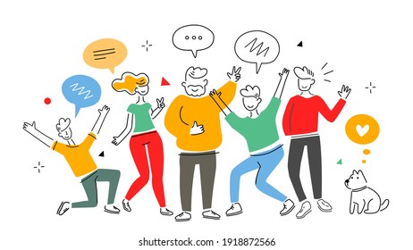 Vector Business Illustration Of Communication People Team, Flat Line Art Style Design Of Team Work With Speech Bubble