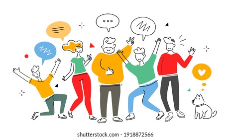 Vector business illustration of communication people team, flat line art style design of team work with speech bubble