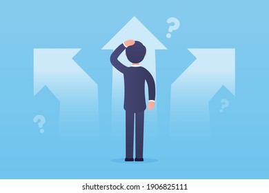 Vector business illustration. Vector concept of choosing a strategy and path. A businessman in a suit stands at a loss before a choice. Freelance, Career and Competition. Decision making.