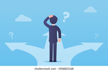 Vector business illustration. Vector concept of choosing a strategy and path. A businessman in a suit stands at a loss before a choice. Freelance, Career and Competition. Decision making.