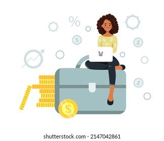 Vector business illustration. The concept of investing money. Financial literacy and investment. Online banking. Briefcase and stacks of gold coins next to an African American woman