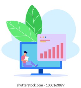 Vector business illustration concept, statistical data computer analysis concept. Businessman working on laptop analyzing business growth, market research and information.