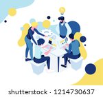 vector business illustration. A creative team of people working on a project, a team analytic brainstorming method. Teamwork at the idea. 3d vector isometric stylish graphics for banners and advertisi