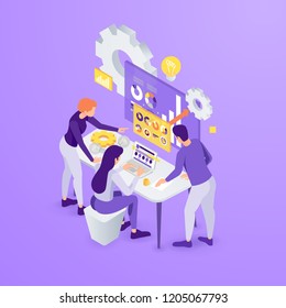 vector business illustration. A creative team of people is working on a startup idea. Collective joint work. Vector flat isometric stylish graphics for banners and advertising.