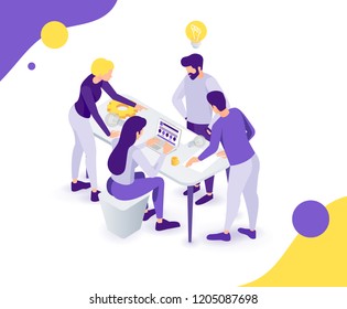 Vector Business Illustration. A Creative Team Of People Working On A Project, A Team Analytic Brainstorming Method. Teamwork At The Idea. 3d Vector Isometric Stylish Graphics For Banners And Advertisi