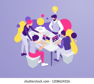 vector business illustration. A creative team of people is working on a startup idea. Collective joint work. Vector flat isometric stylish graphics for banners and advertising.