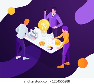 vector business illustration. A creative team of people working on a project, a team analytic brainstorming method. Teamwork at the idea. 3d vector isometric stylish graphics for banners and advertisi