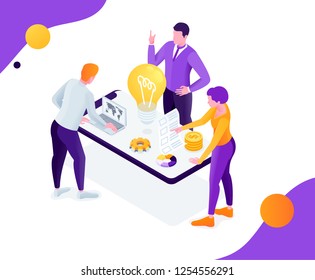 vector business illustration. A creative team of people working on a project, a team analytic brainstorming method. Teamwork at the idea. 3d vector isometric stylish graphics for banners and advertisi