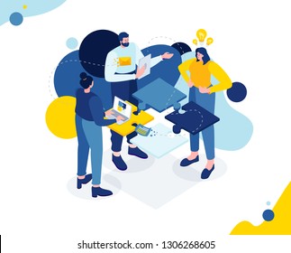 ilustración empresarial vectorial. Un equipo creativo de personas trabajando en un proyecto, un método de lluvia de ideas analítica en equipo. Trabajo en equipo en la idea. Gráficos de diseño isométrico vectorial 3d para banners y anuncios