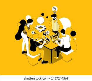 vector business illustration. A creative team of people working on a project, a team analytic brainstorming method. Teamwork at the idea. 3d vector stylish graphics 3 colors yellow black white