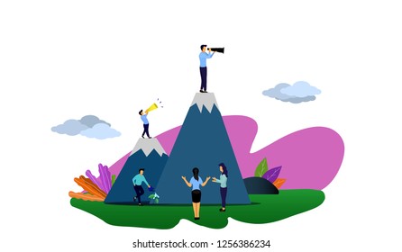 Vector business illustration, Employees look for ways to bring the company to the goal, Employees are searching for a way to success, Employees go up the hill to find the target, White background. 