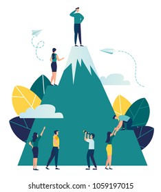 Vector Business Illustration, Employees Are Looking For A Way To Their Goal, Climb A Mountain That Would Take The Top, Look Into The Future Perspective Vector