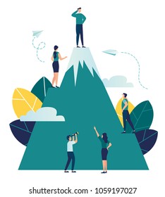 Vector business illustration, employees are looking for a way to their goal, climb a mountain that would take the top, look into the future perspective vector