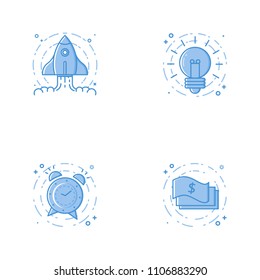 Vector business Illustration in filled bold line style. Set of outline cute and simple icons with rocket, bulb, alarm clock and cash. Use in Web Project and Applications Outline isolated object.