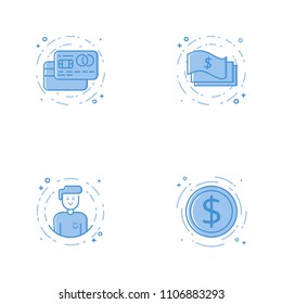 Vector business Illustration in filled bold line style. Set of outline cute and simple icons with credit cards, cash, character and coin. Use in Web Project and Applications Outline isolated object.