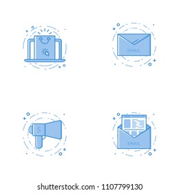 Ilustración de negocio vectorial en el estilo de línea en negrita. Conjunto de iconos lindos y simples con portátil con, carta de correo electrónico, altavoz y carta. Usar en objeto aislado de proyecto Web y esquema de aplicación