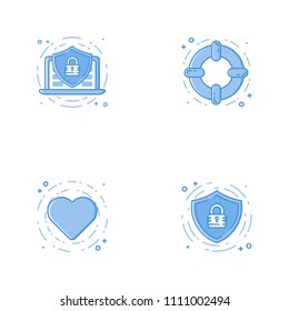 Vector business Illustration in filled bold line style. Set of outline cute and simple icons with shield, laptop or notebook, help circle and heart. Use in Web Project and Apps Outline isolated object