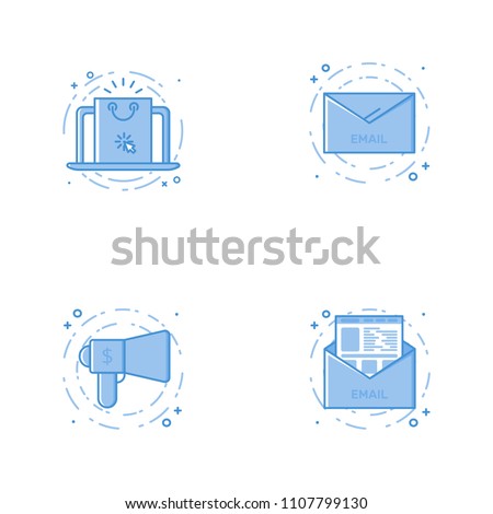 Vector business Illustration in filled bold line style. Set of outline cute and simple icons with laptop with, email letter, speaker and letter. Use in Web Project and App Outline isolated object