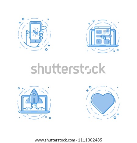 Vector business Illustration in filled bold line style. Set of outline icons with smartphone and hand, laptop or notebook, launch rocket and heart. Use in Web Project and Apps Outline isolated object