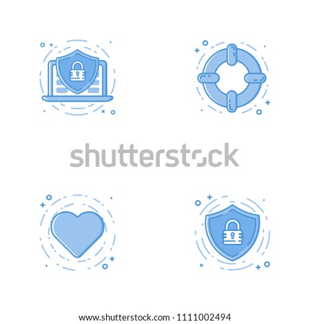 Vector business Illustration in filled bold line style. Set of outline cute and simple icons with shield, laptop or notebook, help circle and heart. Use in Web Project and Apps Outline isolated object