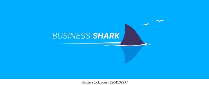 Vector business illustration of fish shark on blue water background with word. Flat style design of dangerous fish shark fin swimming in the sea for web, site, banner, poster, sticker