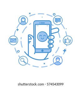 Vector business illustration in flat bold linear style. Hand holding mobile phone. Customer service and client experience - app on the screen - social network exposure and reputation management.