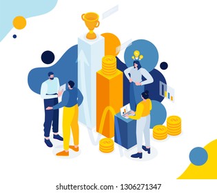 vector business illustration. flat isometric design. tiny people financial industry. team work on data analysis, statistics in infographics