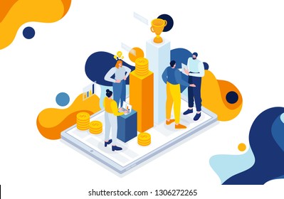 vector business illustration. flat isometric design. tiny people financial industry. team work on data analysis, statistics in infographics