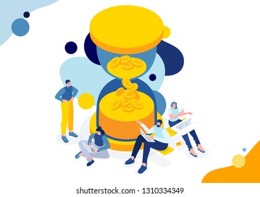 Vector business illustration, flat isometric. tiny people working on project. Metaphor illustration time is money. saving time - Saving money, business development and financial investments. fast loan